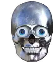 a silver skull with blue eyes and a smile