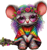 a painting of a mouse wearing a tie dye shirt and heart shaped sunglasses