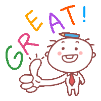 a cartoon character giving a thumbs up with the word great written above him