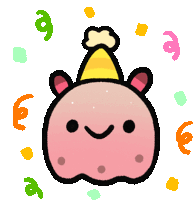 a cartoon drawing of a pink monster wearing a party hat and confetti