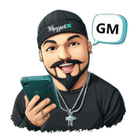 a cartoon of a man holding a cell phone with a gm speech bubble next to him