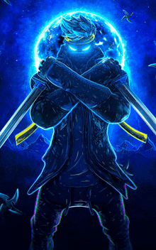 a ninja is holding two swords in front of a blue background