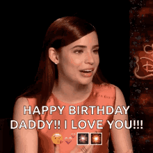 a woman in a red dress says " happy birthday daddy i love you "