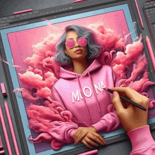 a person is drawing a picture of a woman in a pink hoodie on a tablet .