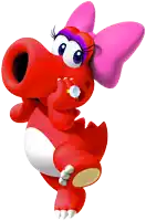 a red cartoon character with a pink bow on his head