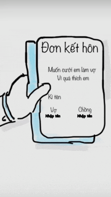 a drawing of a hand holding a piece of paper that says don ket hon on it