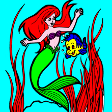 a cartoon drawing of a mermaid with a fish in her mouth