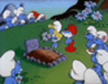 a group of smurfs are standing around a coffin .