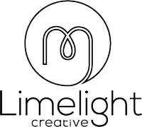 a black and white logo for limelight creative with a letter m in a circle