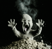 a black and white photo of a screaming monster with its mouth open