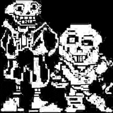 two skeletons are standing next to each other on a black background .