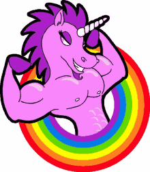 a cartoon unicorn is flexing his muscles in front of a rainbow .