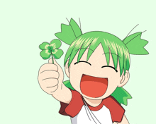 a cartoon girl with green hair is holding a four leaf clover and giving a thumbs up