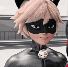 a close up of a cat noir from miraculous ladybug wearing a cat mask .