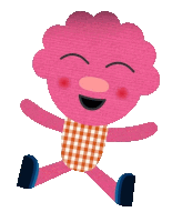 a pink cartoon character with a checkered apron and blue shoes