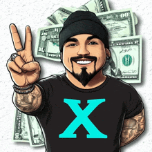 a man in a black shirt with the letter x on it is giving a peace sign