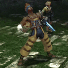 a video game character is standing in the grass holding a sword .