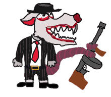 a cartoon drawing of a rat in a suit holding a gun