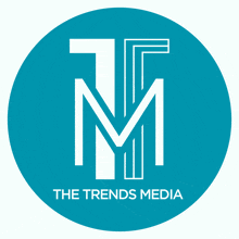 a logo for the trends media with a white letter m in a blue circle