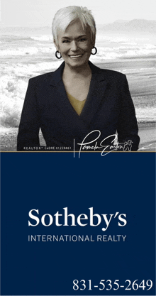 an advertisement for sotheby 's international realty shows a woman on the beach