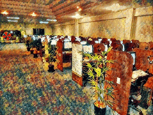 a painting of a large room with a lot of cubicles and plants