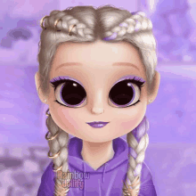 a cartoon girl with braids is wearing a purple hoodie and earrings .