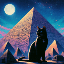 a black cat is sitting in front of a pyramid that says amm