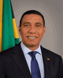 a man in a suit and tie is smiling in front of a green and yellow flag