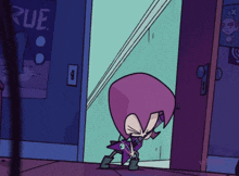 a cartoon character with purple hair is standing in front of a door with a rue poster on the wall behind him