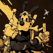 a cartoon dog wearing a helmet and goggles is holding a lighter and a sparkler .