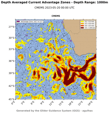 a map showing depth averaged current advantage zones at 1000m