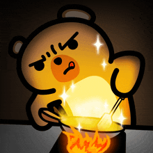 a cartoon of a teddy bear stirring a pot of gold