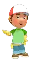 a cartoon character is wearing a green shirt , a white hat , and yellow gloves .