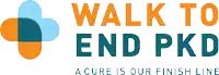 a logo that says walk to end pkd with a blue and orange cross