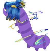 a purple caterpillar with a blue wig on its back