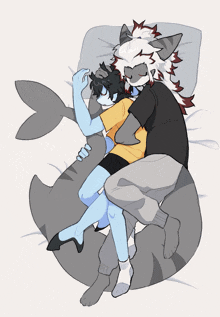 a drawing of two furry characters sleeping on a pillow