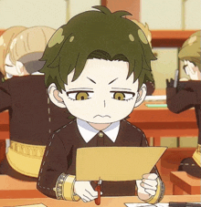 a boy with green hair is holding a piece of paper and making a face