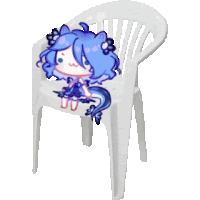 a little girl with blue hair is sitting on a white plastic chair