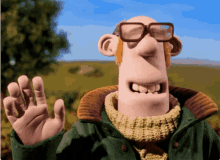 a cartoon character wearing glasses and a sweater is waving his hand