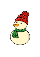 a cartoon snowman wearing a red hat and green scarf .