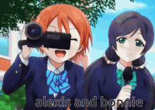 two anime girls are standing next to each other with alexis and bonnie written on the bottom right