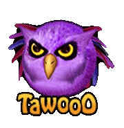 a purple owl with a yellow beak and the word tawooo on the bottom