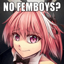 a picture of a girl with pink hair and the words " no femboys " below her