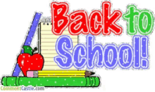 a back to school graphic with an apple pencils and notebooks