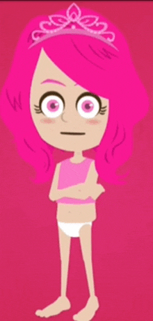 a cartoon girl with pink hair and a tiara on her head is wearing a diaper .