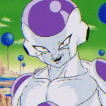 a close up of a cartoon character 's face with a purple head