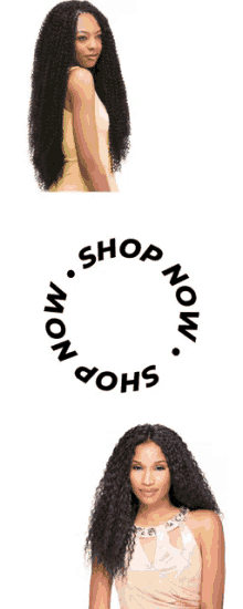 a woman in a yellow dress is next to a woman in a pink dress and a circle that says " shop now "