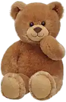 a brown teddy bear is sitting with its hand on its face