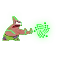 patrick star from spongebob squarepants is holding a green glowing object in his hands .