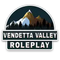 a logo for vendetta valley roleplay with a mountain and trees in the background